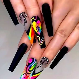 Please don’t stop the music, coffin style rainbow festival press on nails